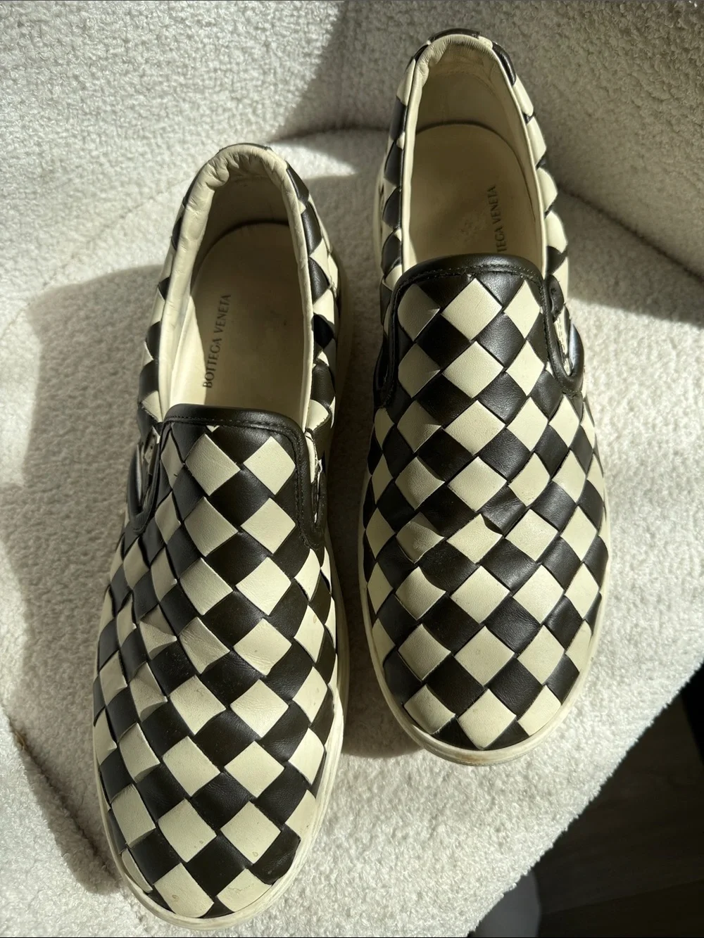 Bottega Veneta Black and White Intrecciato Slip-On Loafers